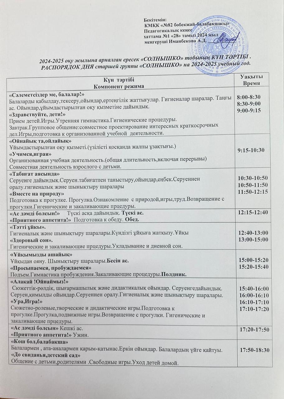 "2024-2025 оқу жылына арналған ересек "Солнышко" тобының Күн тәртібі. Распорядок дня старшей группы "Солнышко" на 2024-2025 учебный год.