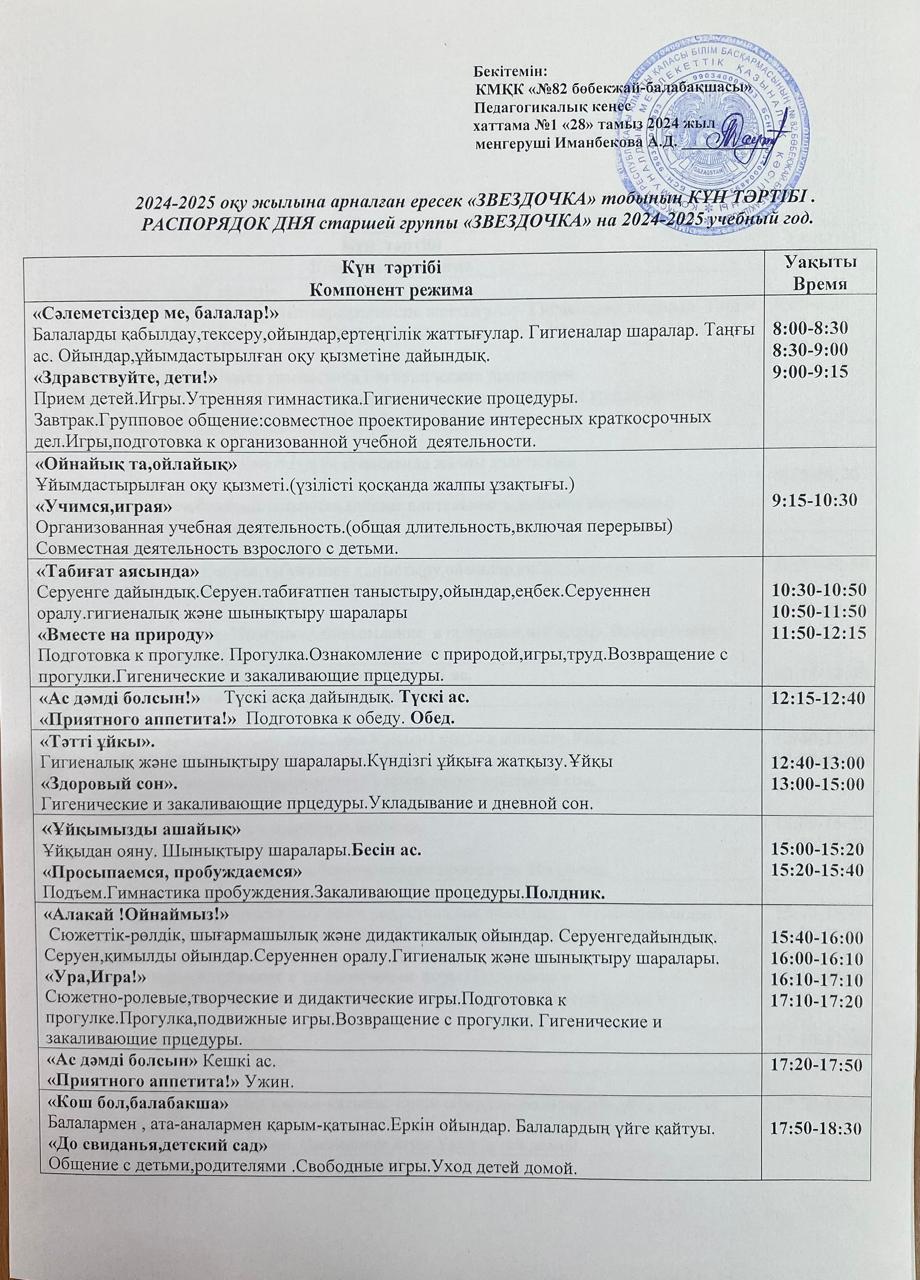 "2024-2025 оқу жылына арналған ересек  "Звездочка" тобының Күн тәртібі. Распорядок дня старшей группы "Звездочка" на 2024-2025 учебный год.