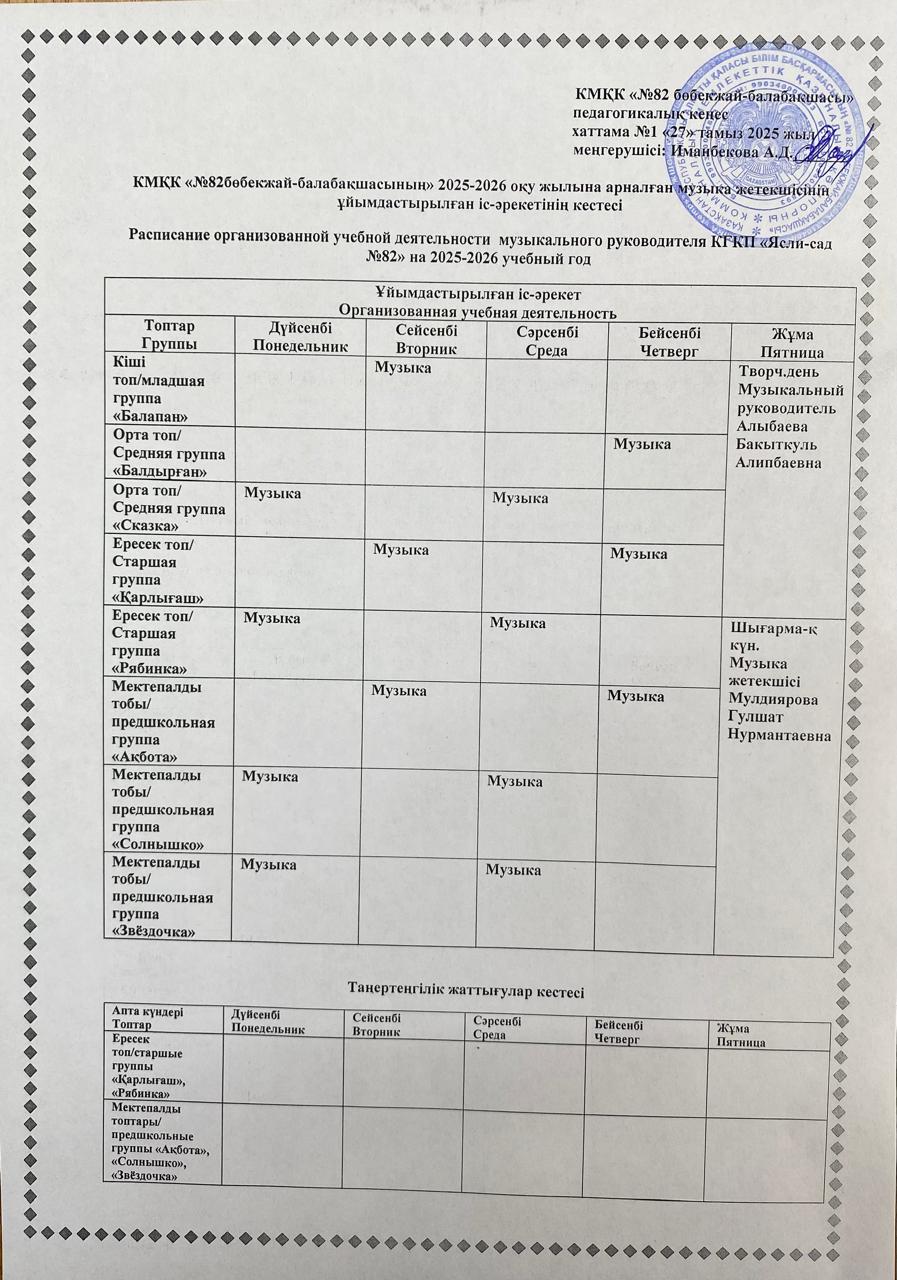 КМҚК "№82 бөбекжай-балабақшасының" 2025-2026 оқу жылына арналған музыка жетекшісінің ұйымдастырылған іс-әрекет кестесі.  Расписание организованной учебной деятельности музыкального руководителя КГКП "Ясли-сад № 82" на 2025-2026 учебный год.