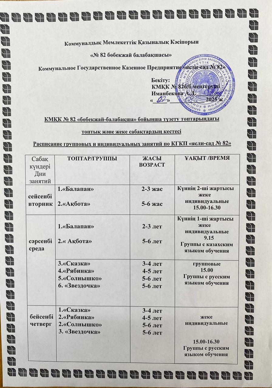 КМҚК "№82 бөбекжай-балабақша" бойынша түзету топтарындағы топтық және жеке ұйымдастырылған іс-әрекет кестесі.  Расписание групповых и индивидуальных  организованной деятельности педагог-психолога по КГКП "Ясли-сад №82"