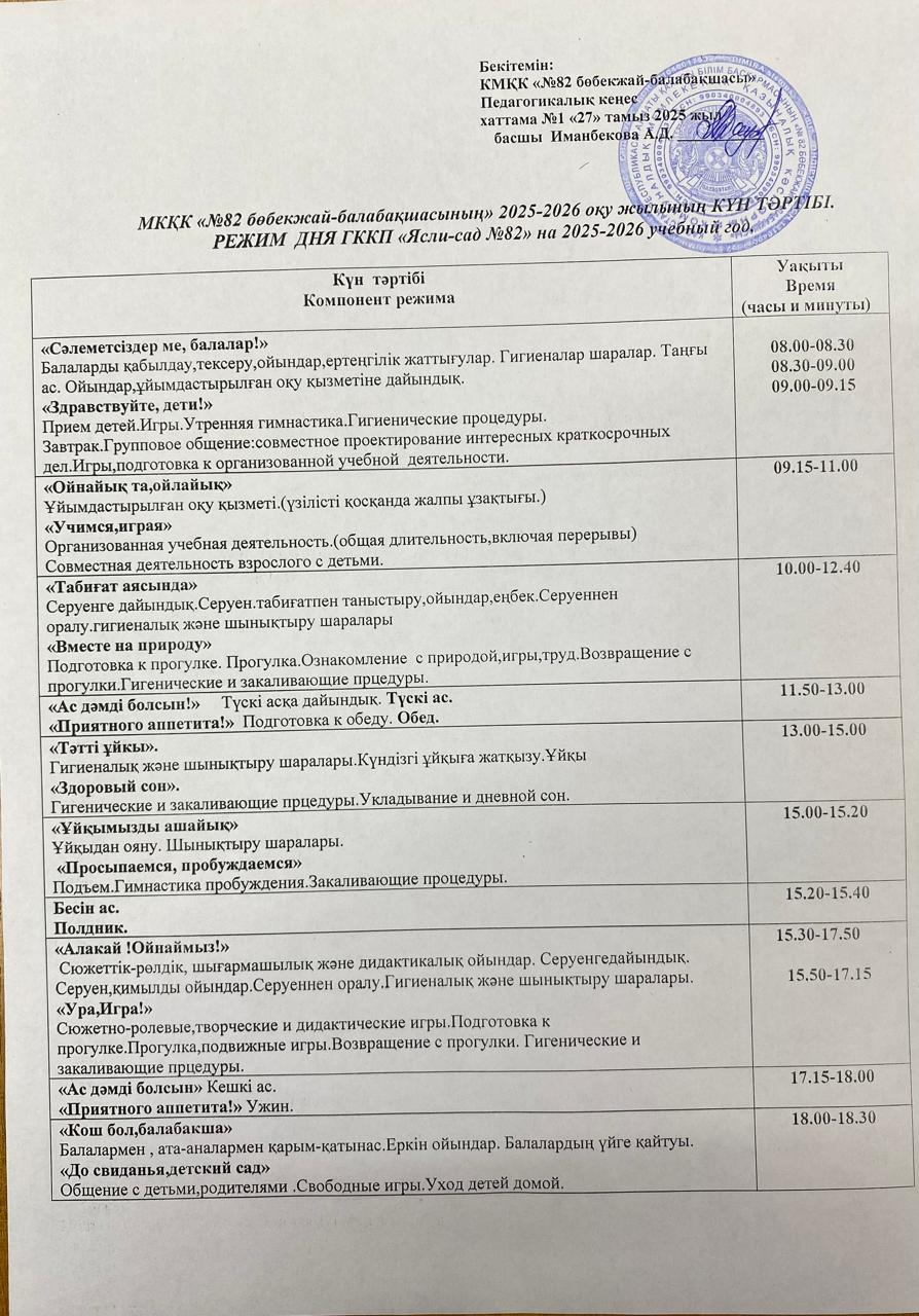 КМҚК "№82 бөбекжай-балабақшасының" 2025-2026 оқу жылының КҮН ТӘРТІБІ.  РЕЖИМ ДНЯ КГКП "Ясли-сад №82" на 2025-2026 учебный год.