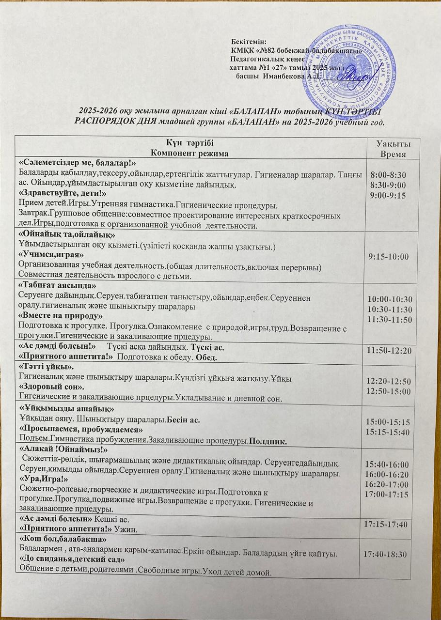 2025-2026 оқу жылына арналған кіші "Балапан" тобының күн тәртібі.  РАСПОРЯДОК ДНЯ младшей группы "Балапан" на 2025-2026 учебный год.