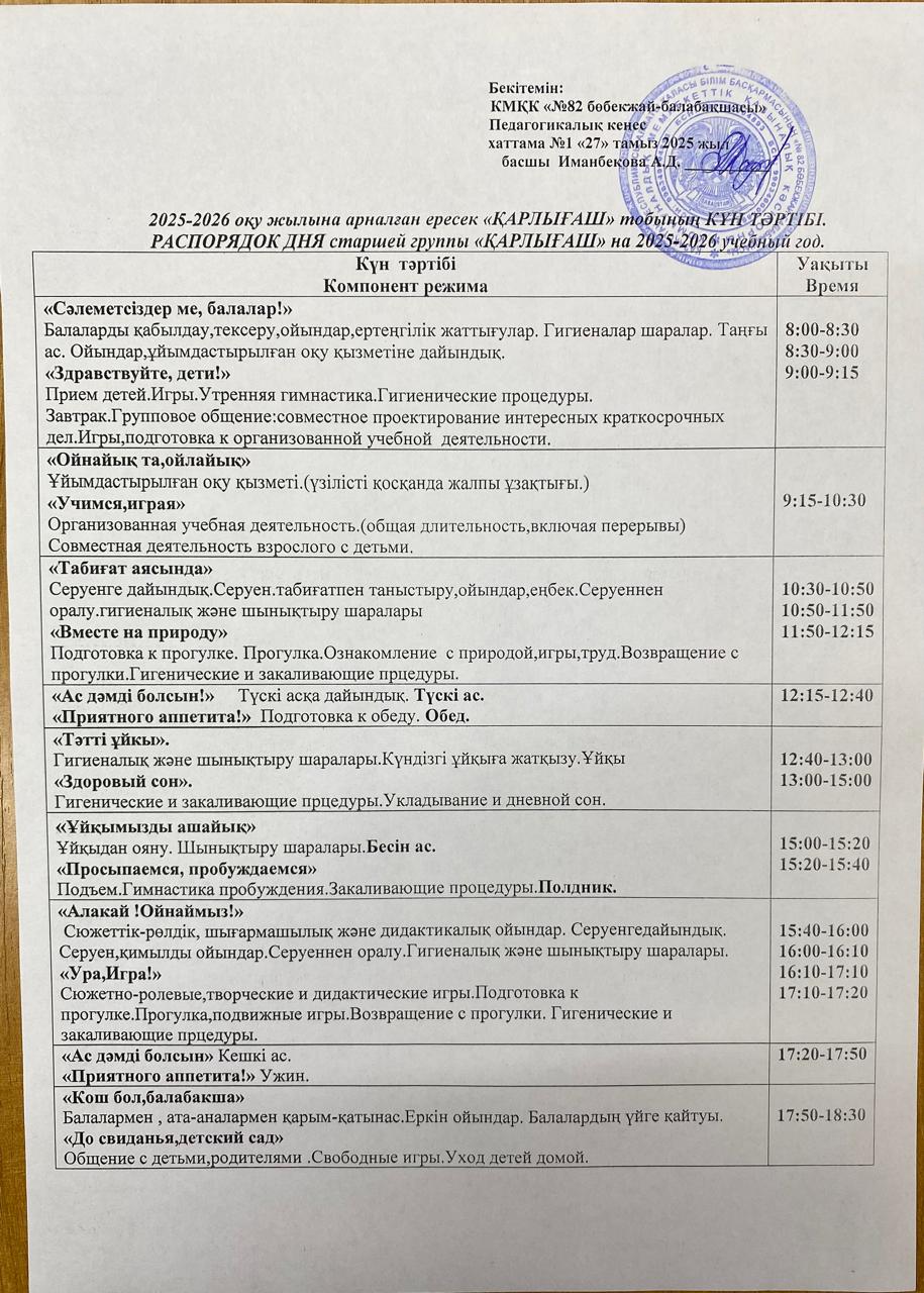 2025-2026 оқу жылына арналған ересек "Қарлығаш" тобының КҮН ТӘРТІБІ.  РАСПОРЯДОК ДНЯ старшей группы "Қарлығаш" на 2025-2026 учебный год.