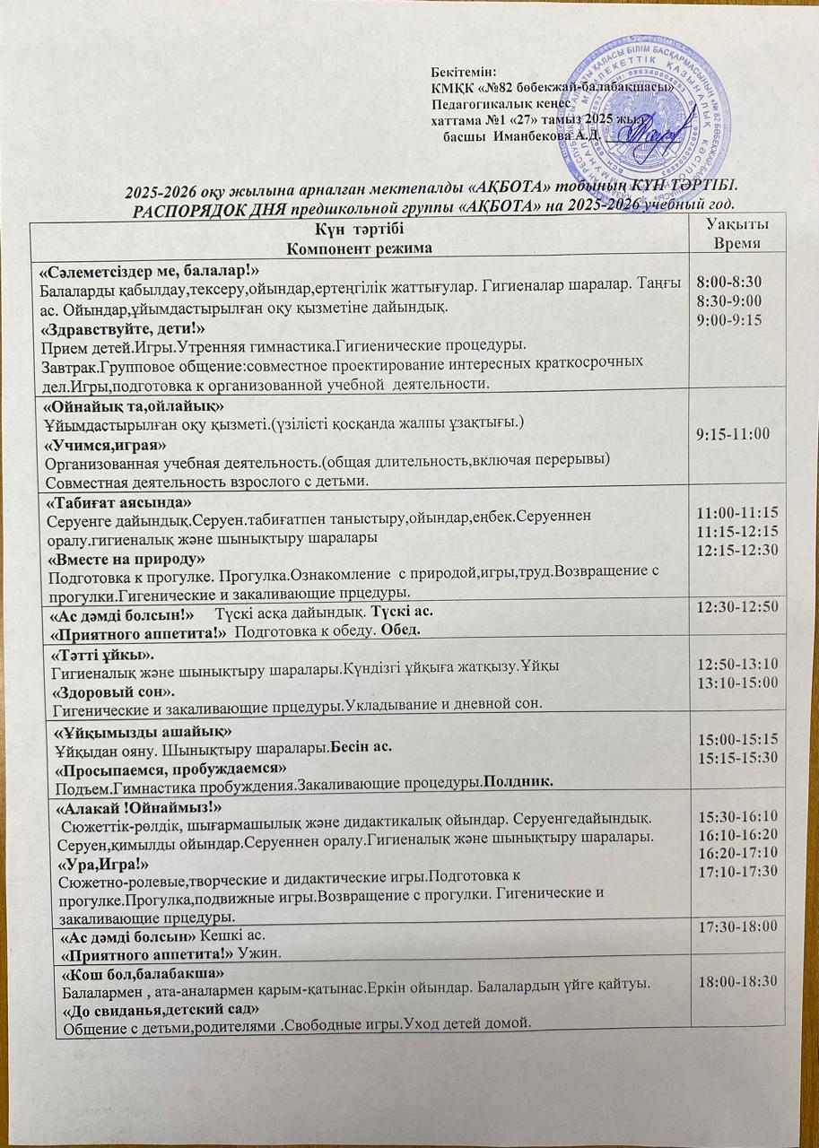 2025-2026 оқу жылына арналған мектепалды "Ақбота" тобының КҮН ТӘРТІБІ.  РАСПОРЯДОК ДНЯ предшкольной группы "Ақбота"  на 2025-2026 учебный год.